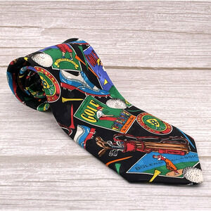 Vintage Whimsical Golf Lover 100% Silk Necktie Tie 90s Novelty Sporty Handmade